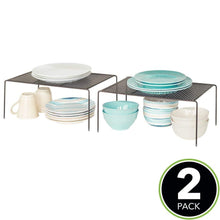 Load image into Gallery viewer, Results mdesign metal kitchen pantry countertop organizer storage shelves raised cabinet shelf racks for food dishes plates dishes bowls mugs glasses non skid feet extra large 2 pack bronze
