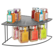 Load image into Gallery viewer, The best mdesign rustic metal corner shelf 2 tier storage organizer for kitchen cabinet pantry shelf counter holds dishes baking supplies canned goods spices rounded design 2 pack graphite gray
