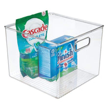Load image into Gallery viewer, Storage organizer mdesign plastic food storage container bin with handles for kitchen pantry cabinet fridge freezer large organizer for snacks produce vegetables pasta bpa free 10 square 8 pack clear