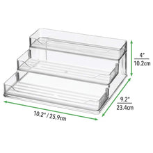 Load image into Gallery viewer, Selection mdesign plastic spice and food kitchen cabinet pantry shelf organizer 3 tier storage modern compact caddy rack holds spices herb bottles jars for shelves cupboards refrigerator clear