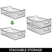 Load image into Gallery viewer, New mdesign wide stackable plastic kitchen pantry cabinet refrigerator or freezer food storage bin box basket with handles organizer for fruit yogurt snacks pasta 14 5 long 6 pack smoke gray