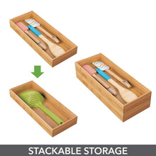 Load image into Gallery viewer, On amazon mdesign bamboo kitchen cabinet drawer organizer stackable tray bin eco friendly multipurpose use in drawers on countertops shelves or in pantry 15 long 6 pack natural wood finish