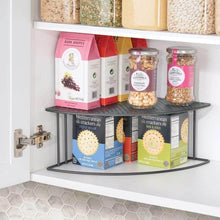 Load image into Gallery viewer, Try mdesign rustic metal corner shelf 2 tier storage organizer for kitchen cabinet pantry shelf counter holds dishes baking supplies canned goods spices rounded design 2 pack graphite gray