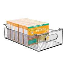 Load image into Gallery viewer, Latest mdesign wide stackable plastic kitchen pantry cabinet refrigerator or freezer food storage bin box basket with handles organizer for fruit yogurt snacks pasta 14 5 long 6 pack smoke gray
