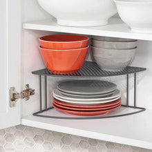 Load image into Gallery viewer, Top rated mdesign rustic metal corner shelf 2 tier storage organizer for kitchen cabinet pantry shelf counter holds dishes baking supplies canned goods spices rounded design 2 pack graphite gray