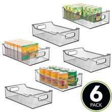 Load image into Gallery viewer, On amazon mdesign wide stackable plastic kitchen pantry cabinet refrigerator or freezer food storage bin box basket with handles organizer for fruit yogurt snacks pasta 14 5 long 6 pack smoke gray
