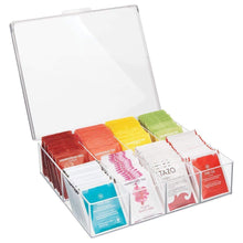 Load image into Gallery viewer, Amazon mdesign tea storage organizer box 8 divided sections easy view hinged lid use in kitchen pantry and cabinets holder for tea bags packets small items and accessories bpa free 2 pack clear