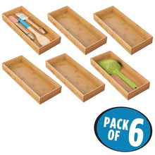 Load image into Gallery viewer, Heavy duty mdesign bamboo kitchen cabinet drawer organizer stackable tray bin eco friendly multipurpose use in drawers on countertops shelves or in pantry 15 long 6 pack natural wood finish