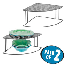 Load image into Gallery viewer, Amazon mdesign rustic metal corner shelf 2 tier storage organizer for kitchen cabinet pantry shelf counter holds dishes baking supplies canned goods spices rounded design 2 pack graphite gray