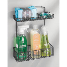 Load image into Gallery viewer, Latest mdesign metal farmhouse wall mount kitchen storage organizer holder or basket hang on wall under sink or cabinet door in kitchen pantry holds dish soap window cleaner sponges matte black