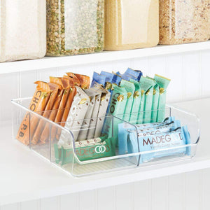 Shop here mdesign plastic wide food storage organizer bin caddy for kitchen pantry cabinet countertop holds baking supplies spices pouches dressing mixes tea sugar packets 6 sections 5 pack clear