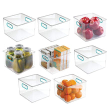 Load image into Gallery viewer, Budget mdesign plastic food storage container bin with handles for kitchen pantry cabinet fridge freezer cube organizer for snacks produce vegetables pasta bpa free food safe 8 pack clear blue