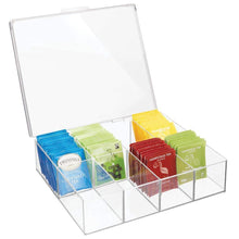 Load image into Gallery viewer, Amazon best mdesign tea storage organizer box 8 divided sections easy view hinged lid use in kitchen pantry and cabinets holder for tea bags packets small items and accessories bpa free 2 pack clear