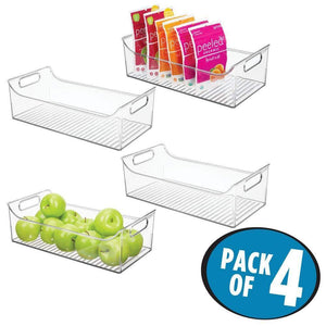 Discover mdesign wide plastic kitchen pantry cabinet refrigerator or freezer food storage bin with handles organizer for fruit yogurt snacks pasta bpa free 16 long 4 pack clear