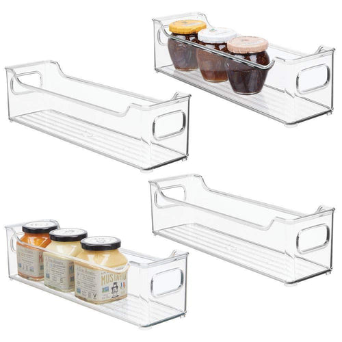 Exclusive mdesign slim stackable plastic kitchen pantry cabinet refrigerator or freezer food storage bin with handles organizer for fruit yogurt snacks pasta bpa free 14 5 long 4 pack clear