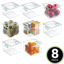 Load image into Gallery viewer, Discover the mdesign plastic food storage container bin with handles for kitchen pantry cabinet fridge freezer cube organizer for snacks produce vegetables pasta bpa free food safe 8 pack clear blue