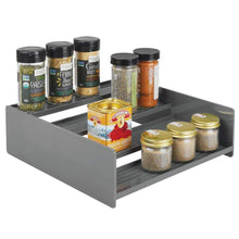 Load image into Gallery viewer, Organize with mdesign plastic kitchen spice bottle rack holder food storage organizer for cabinet cupboard pantry shelf holds spices mason jars baking supplies canned food 4 levels 2 pack charcoal gray