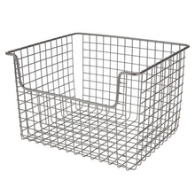 Load image into Gallery viewer, Shop here mdesign metal kitchen pantry food storage organizer basket farmhouse grid design with open front for cabinets cupboards shelves holds potatoes onions fruit 12 wide 8 pack graphite gray