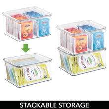 Load image into Gallery viewer, Budget friendly mdesign stackable kitchen pantry cabinet or refrigerator storage bin with attached hinged lid compact food storage organizer for coffee tea and food packets snacks bpa free pack of 3 clear