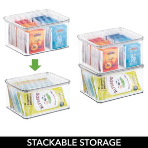 Budget friendly mdesign stackable kitchen pantry cabinet or refrigerator storage bin with attached hinged lid compact food storage organizer for coffee tea and food packets snacks bpa free pack of 3 clear
