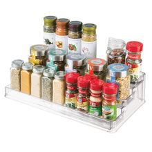 Load image into Gallery viewer, Exclusive mdesign large plastic adjustable expandable kitchen cabinet pantry shelf organizer spice rack with 3 tiered levels of storage for spice bottles jars seasonings baking supplies 2 pack clear