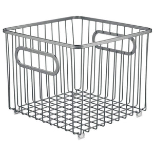 Heavy duty mdesign metal farmhouse kitchen pantry food storage organizer basket bin wire grid design for cabinet cupboard shelf countertop holds potatoes onions fruit square 2 pack graphite gray