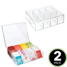 Load image into Gallery viewer, Budget friendly mdesign tea storage organizer box 8 divided sections easy view hinged lid use in kitchen pantry and cabinets holder for tea bags packets small items and accessories bpa free 2 pack clear