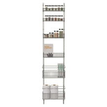 Load image into Gallery viewer, Discover the premium over the door steel frame kitchen pantry and bath room organizer in satin nickel adjustable shelf system made of solid steel hung or door mounted option