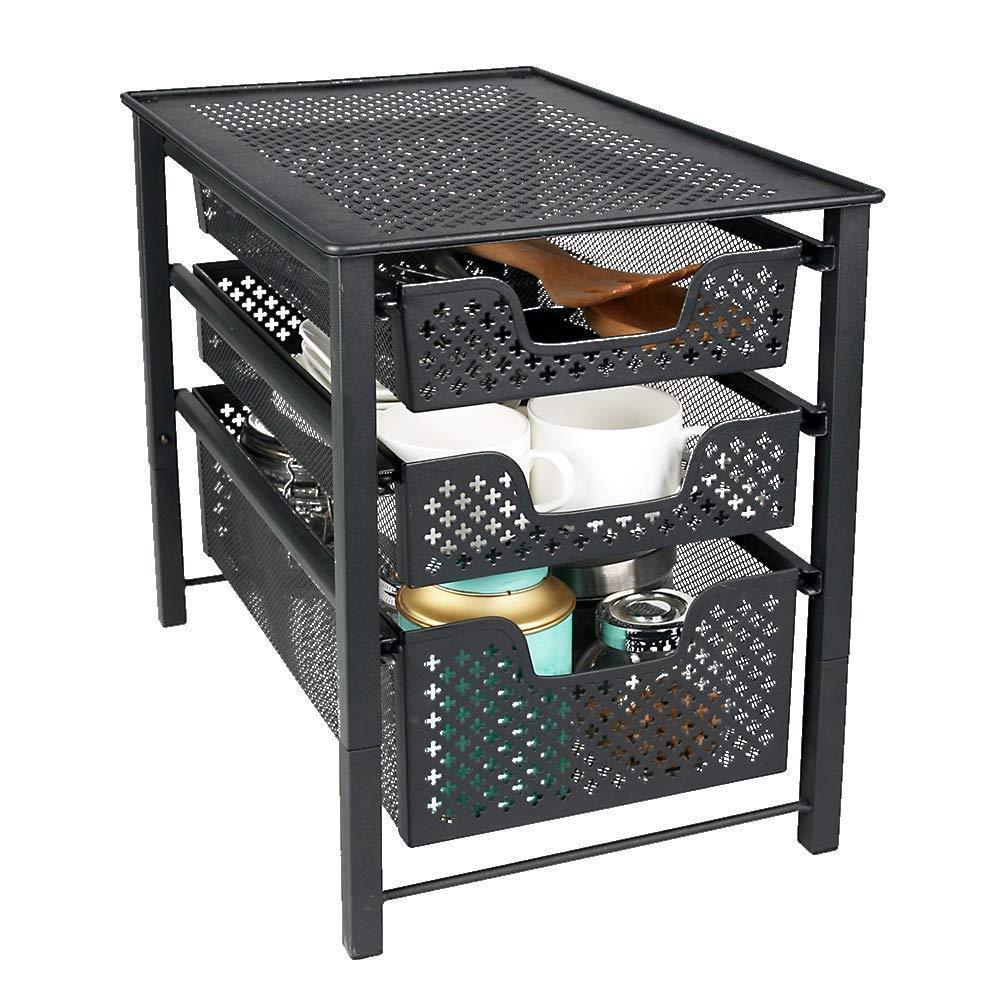 Selection stackable 3 tier organizer baskets with mesh sliding drawers ideal cabinet countertop pantry under the sink and desktop organizer for bathroom kitchen office