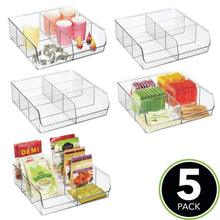 Load image into Gallery viewer, Storage mdesign plastic wide food storage organizer bin caddy for kitchen pantry cabinet countertop holds baking supplies spices pouches dressing mixes tea sugar packets 6 sections 5 pack clear