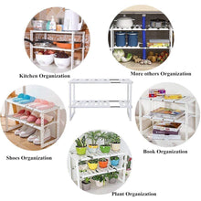 Load image into Gallery viewer, Products under sink organizer 2 tier expandable kitchen bathroom pantry storage shelf multi functional adjustable under kitchen sink organization storage rack heavy duty white