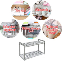 Load image into Gallery viewer, Budget friendly yomym under cabinet sink organizer 2 tier expandable shelf organizer rack for bathroom pantry or kitchen storage cabinets organization and storage adjustable shelves in heavy duty plastic and metal