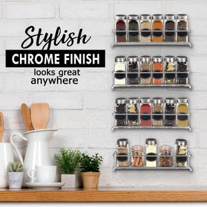 Purchase spice rack organizer for cabinet door mount or wall mounted set of 4 chrome tiered hanging shelf for spice jars storage in cupboard kitchen or pantry display bottles on shelves in cabinets