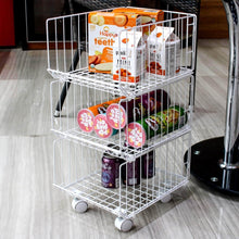 Load image into Gallery viewer, Explore pup joint metal wire baskets 3 tiers foldable stackable rolling baskets utility shelf unit storage organizer bin with wheels for kitchen pantry closets bedrooms bathrooms