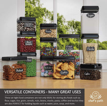 Load image into Gallery viewer, Shop for chefs path airtight food storage container set 12 pc set 16 bonus chalkboard labels marker best value kitchen pantry containers bpa free clear durable plastic with black lids